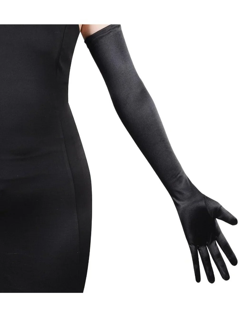 Women's Black Satin Opera Length Stretch Elbow Long Evening Party Gloves